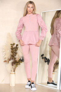 Long Ruched Sleeves Ribbed Peplum Diamond Buttons Frilled Hem Lounge Wear Co-Ord Set - Dusty Pink / One Size UK Fit (6-12)