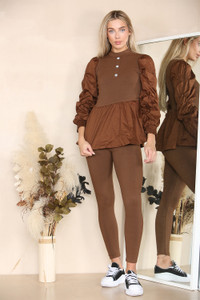 Long Ruched Sleeves Ribbed Peplum Diamond Buttons Frilled Hem Lounge Wear Co-Ord Set - Chocolate / One Size UK Fit (6-12)