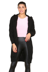Knitted Cables Hooded Long Over Sized Cardigan - Black / One Size