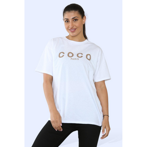 Ladies Coco Paris  Printed Short Sleeve T-Shirt Top - White / M/L