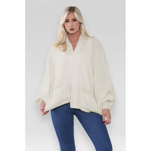 Stylish Oversized Cropped Knitted Cardigan with Balloon Pockets - Beige / One Size UK Fits