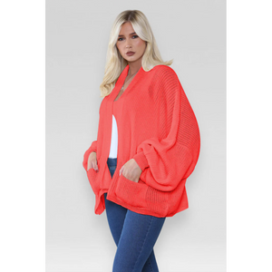 Stylish Oversized Cropped Knitted Cardigan with Balloon Pockets - Red / One Size UK Fits