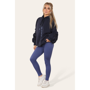 Stylish Plus Size Ruched Sleeve Hoodie with Satin Ribbon - Comfortable & Warm - Navy / S/M