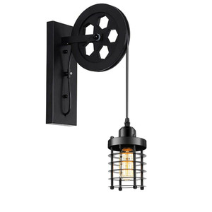 Vintage Industrial Pulley Wheel Wall Mounted Light Metal Cylinder Shape Shade - Without Bulb / Black