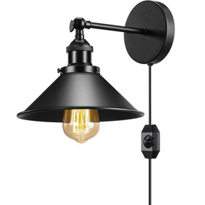Modern Black Plugin Wall Light Fitting Cone Metal Shade Indoor Sconce Light - With Bulb