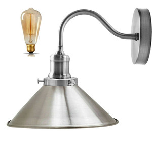 Retro Industrial Swan Neck Wall Light Indoor Sconce Metal Cone Shape Shade - Basement, Bedroom, Dining Room, Garage - With Bulb / Satin Nickel