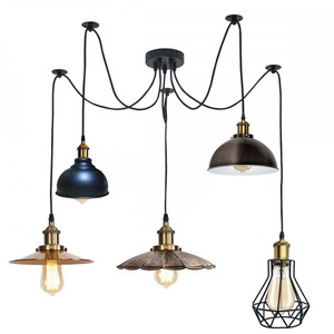 Retro Industrial Metal Multi Shade 5 Way Ceiling Pendant Spider Lamp For Bar, Bedroom - With Bulb