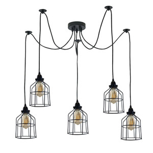 Vintage Retro Industrial Ceiling Cage Light Shade Spider Pendant Lamp Chandelier - with bulb / Black