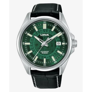 Lorus Mens Basic Fashion Automatic Date 43mm Green Dial Black Leather strap Watch