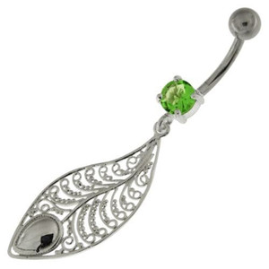 925 Sterling Silver Attractive leaf Belly Button Ring - Peridot