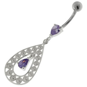 925 Sterling Silver Multi flowers in Tear Shape Belly Button Ring - Lavender