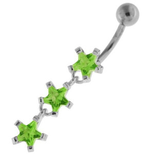 Dangling Tri Stars Sterling Silver Navel Belly Button Bar - Peridot