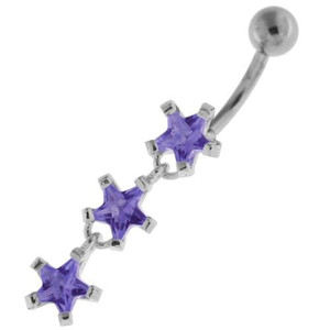Dangling Tri Stars Sterling Silver Navel Belly Button Bar - Lavender