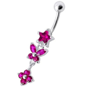 Fancy  Multi Flower Jeweled Dangling Navel Ring - Red
