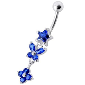 Fancy  Multi Flower Jeweled Dangling Navel Ring - Dark Blue