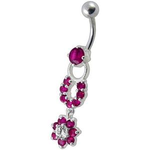 Fancy  Silver Star Round Shape Dangling Belly Ring - Red