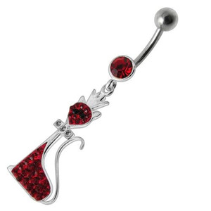Fancy Black Jeweled Pussy Cat  With Crown Dangling SS Banana Bar Belly Ring - Red