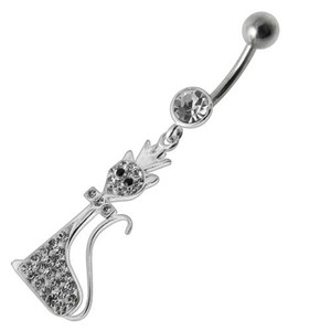 Fancy Black Jeweled Pussy Cat  With Crown Dangling SS Banana Bar Belly Ring - Clear