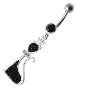 Fancy Black Jeweled Pussy Cat  With Crown Dangling SS Banana Bar Belly Ring - Black
