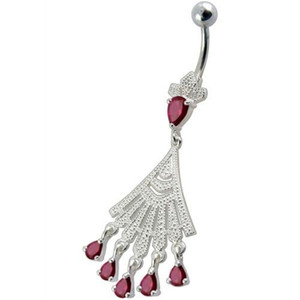 Fancy Chendelier White Jeweled Dangling Navel Curved Ring - Red