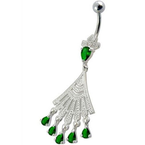 Fancy Chendelier White Jeweled Dangling Navel Curved Ring - Emerald
