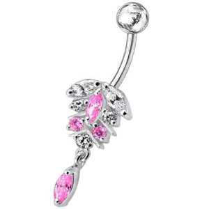 Fancy Dangling Jeweled Banana Bar Navel Ring - Pink