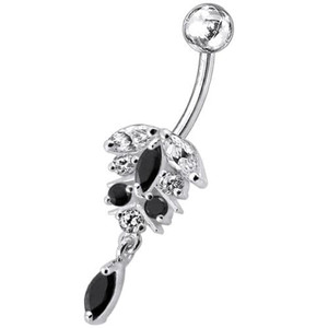 Fancy Dangling Jeweled Banana Bar Navel Ring - black