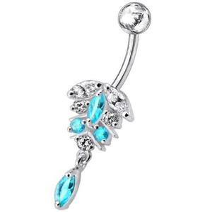 Fancy Dangling Jeweled Banana Bar Navel Ring - Aqua