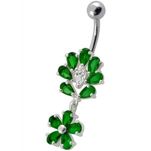 Fancy Flower Jeweled Dangling Belly Navel Body Jewelry Ring - Emerald