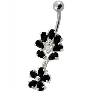 Fancy Flower Jeweled Dangling Belly Navel Body Jewelry Ring - black