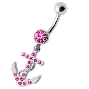 Fancy Jeweled Anchor Dangling Belly Ring - Pink