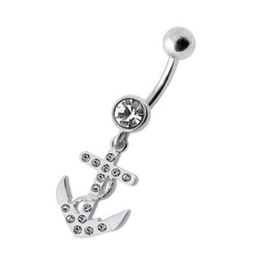 Fancy Jeweled Anchor Dangling Belly Ring - Clear