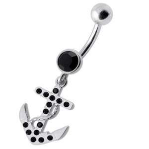 Fancy Jeweled Anchor Dangling Belly Ring - black