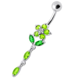 Fancy Jeweled Flower Dangling Banana Bar Navel Ring - Peridot