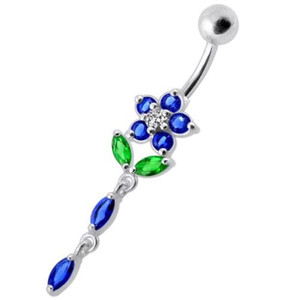 Fancy Jeweled Flower Dangling Banana Bar Navel Ring - Dark Blue