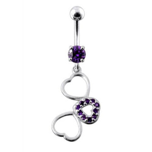 Fancy Jeweled Multi Heart Dangling SS Curved Navel Ring - Purple