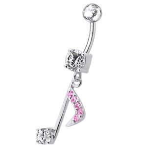 Fancy Jeweled Silver Dangling Navel Belly Ring Body Jewelry - Pink