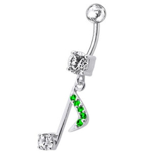 Fancy Jeweled Silver Dangling Navel Belly Ring Body Jewelry - Emerald