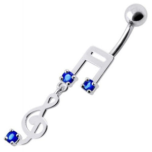 Fancy Jeweled Silver music Dangling Curved Bar Navel Ring - Dark Blue