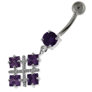 Four Square Jeweled Sterling Silver Navel Bar - Purple