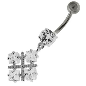 Four Square Jeweled Sterling Silver Navel Bar - Clear