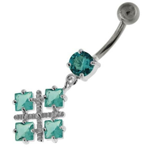 Four Square Jeweled Sterling Silver Navel Bar - Aqua