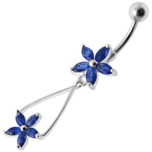 Fancy Jeweled Two Flower Silver Dangling SS Bar Navel Ring - Dark Blue