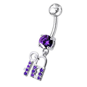 Fancy Jewelled "Lock & Key" Dangling Belly Ring - Purple