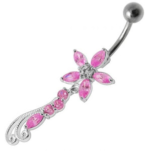 Fancy Multi Stones Jeweled Flower Dangling Navel Ring - Pink
