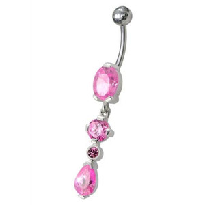 Fancy Single CZ Jeweled Dangling Navel Belly Body Jewelry Ring - Pink