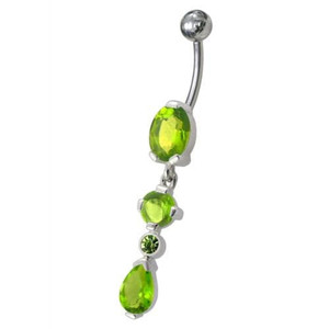 Fancy Single CZ Jeweled Dangling Navel Belly Body Jewelry Ring - Peridot