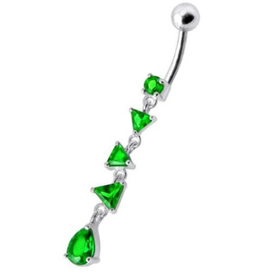 Fancy Triangle Stones Dangling SS Bar Belly Body Jewelry Ring - Emerald