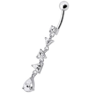 Fancy Triangle Stones Dangling SS Bar Belly Body Jewelry Ring - Clear