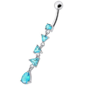 Fancy Triangle Stones Dangling SS Bar Belly Body Jewelry Ring - Aqua